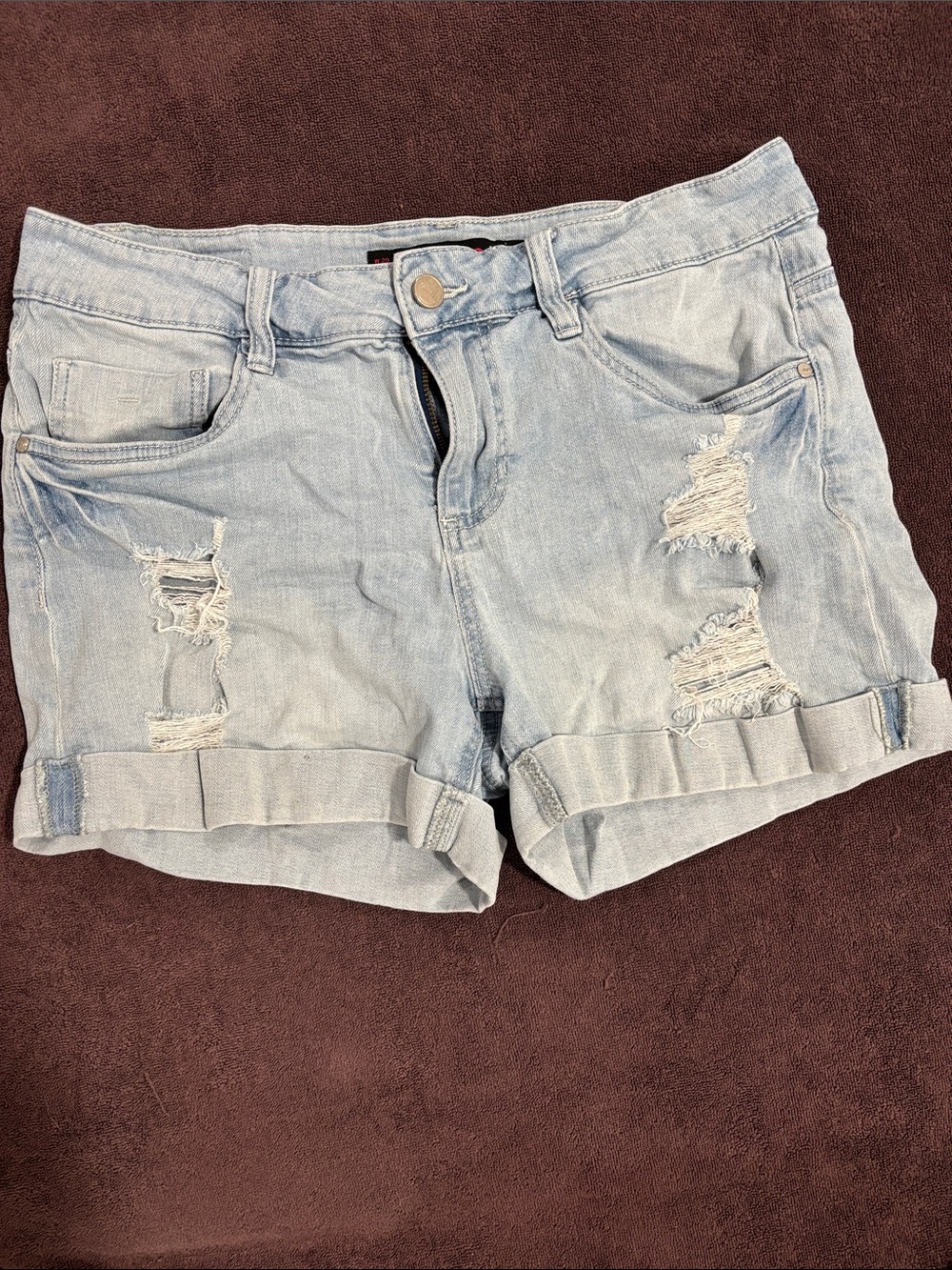 Dollhouse Light Blue Distressed Rolled-Hem Denim Shorts